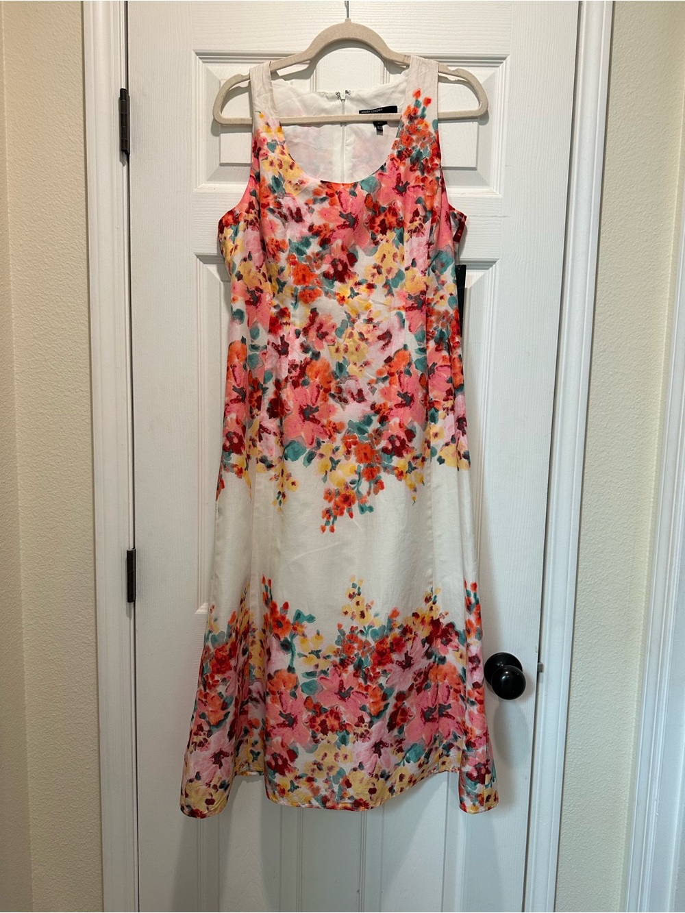Maggy London White Sleeveless Floral Midi Dress with Pink and Coral Accents